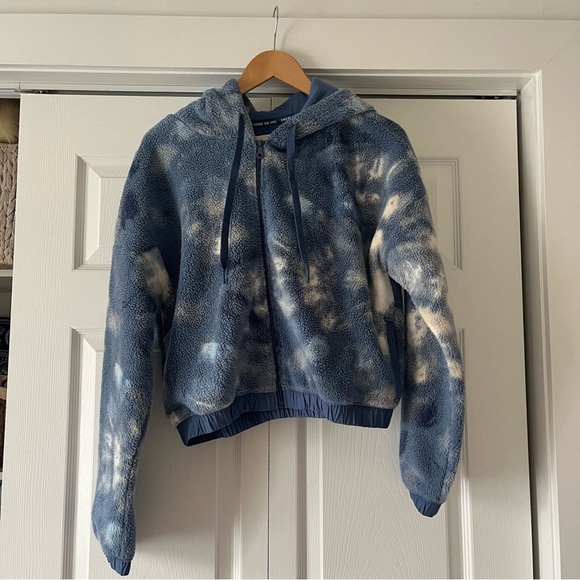 Aerie Offline Blue and White Fleece Jacket Hooded Zip-Up Medium - Picture 1 of 4